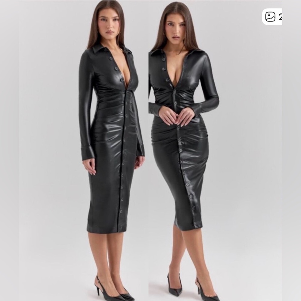 HOUSE OF CB Viola Black Vegan Leather Long Sleeve Midi Rouched Dress Large
